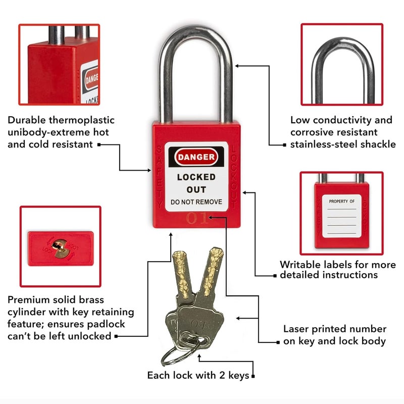 Young Dance Lockout Tagout Kit Electrical Loto - Group Lockout Hasps, Lockout Tags, Safety Padlocks with Number, Nylon Ties with Pocket Bag(Red Kit) - Image 2